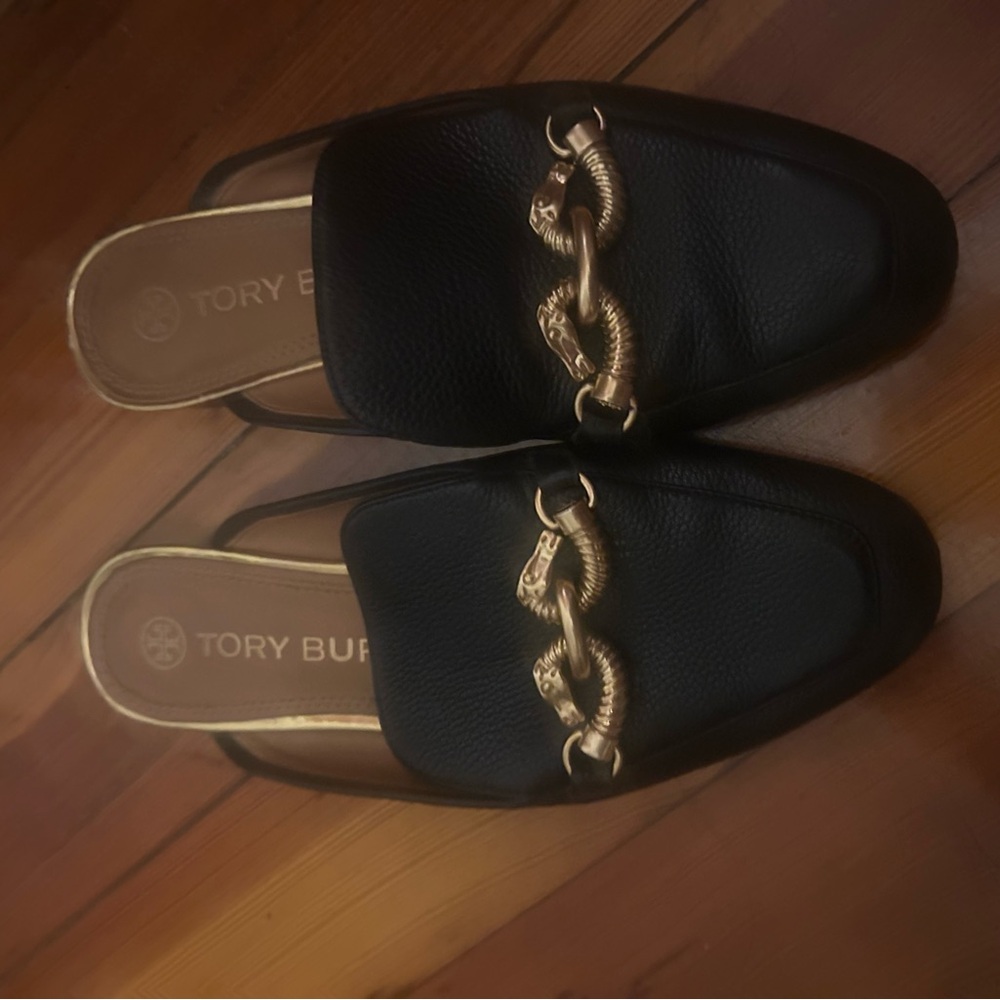 Tory Burch Black Mules with Gold Chain